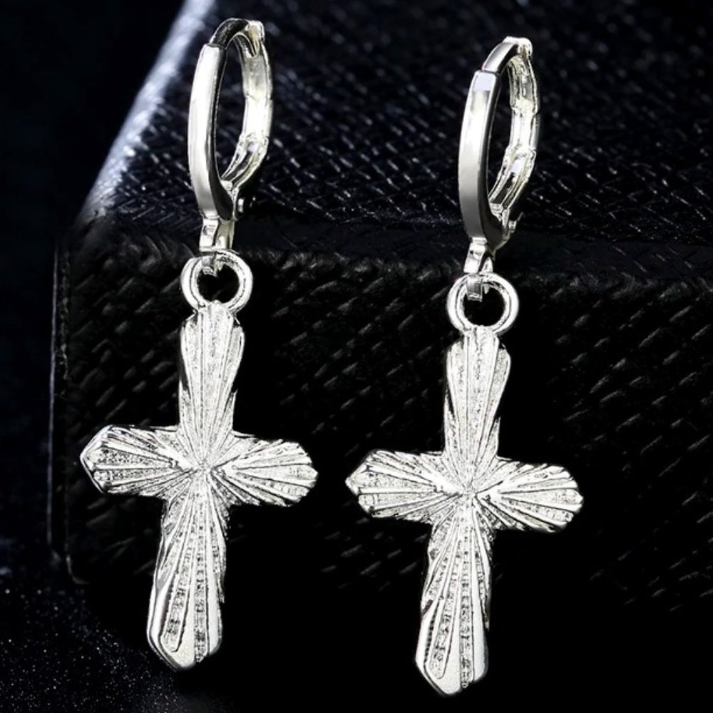 Gorgeous Sunburst Cross Hanging Earring's 925 Solid Sterling Silver